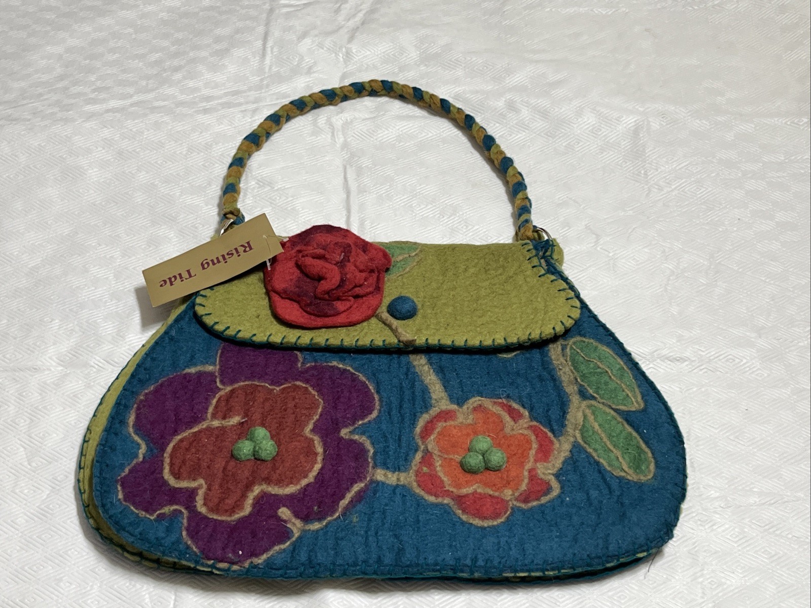 Rising Tide Felted Wool Shoulder Bag Purse Blue Green Floral Boho Nepal NWT