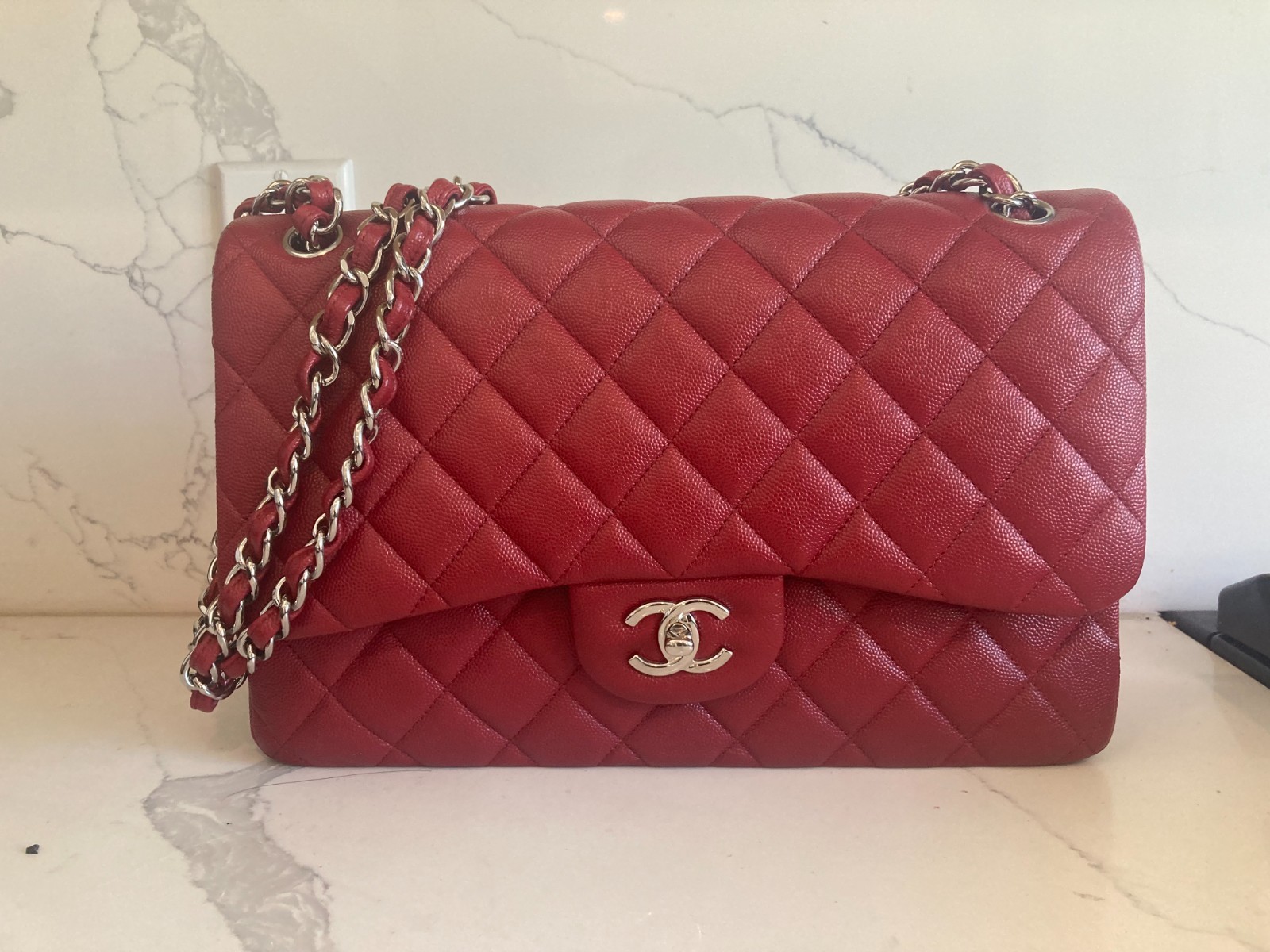 Chanel Classic Flap Jumbo Bag Red Caviar Grained Calfskin Silver Hardware