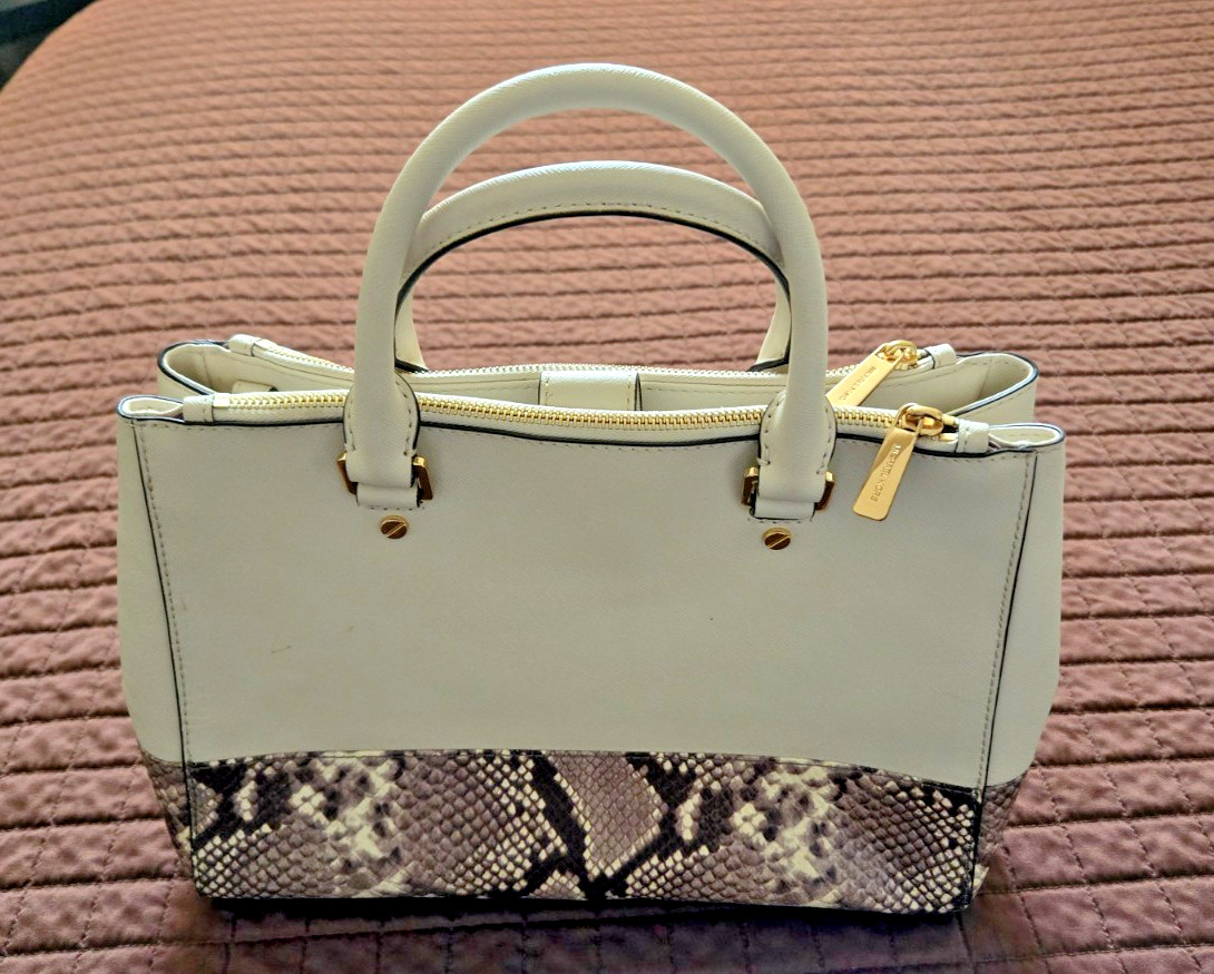 Michael Kors Savannah Satchel Set Vanilla Leather Snakeskin Trim Wallet Dustbag