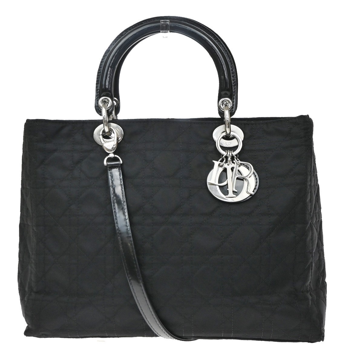 Christian Dior Lady Cannage 2way Shoulder Hand Bag Nylon Patent Black 16MA726
