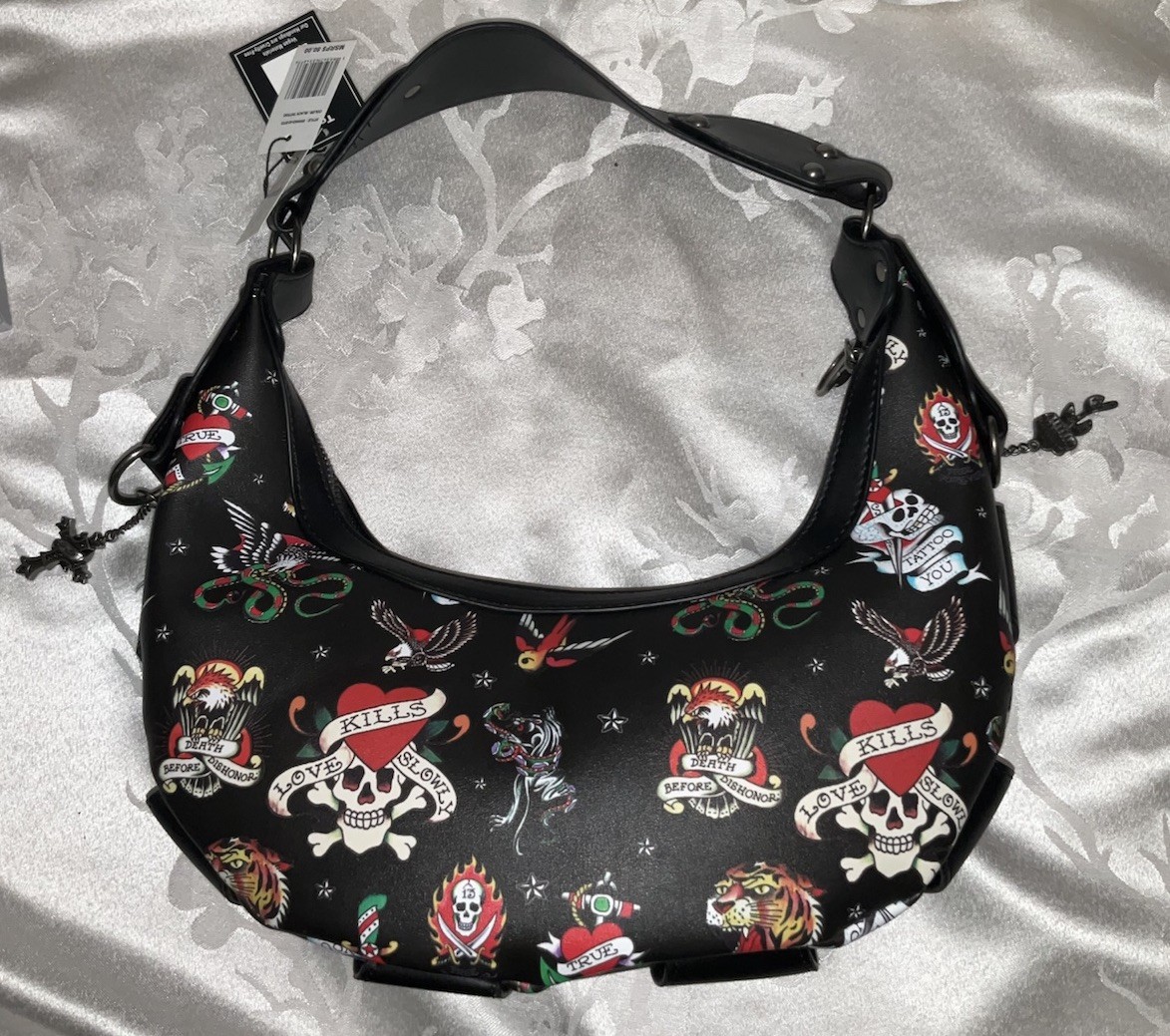 Ed Hardy Black Tattoo Print Studded Hobo Shoulder Bag Y2K Style Purse NWT