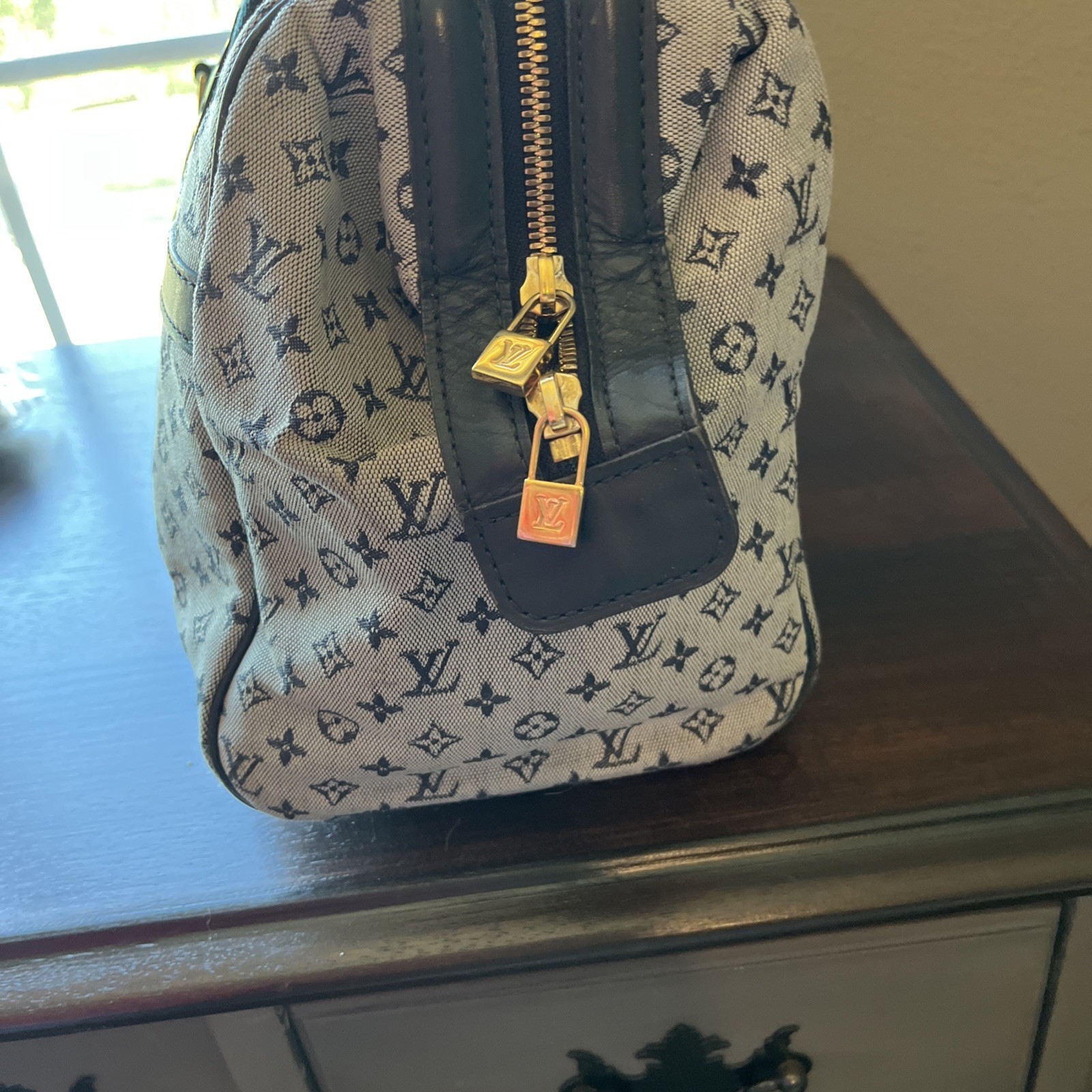 Auth Louis Vuitton Monogram GM Mini Lin Josephine Bag Navy VI0044