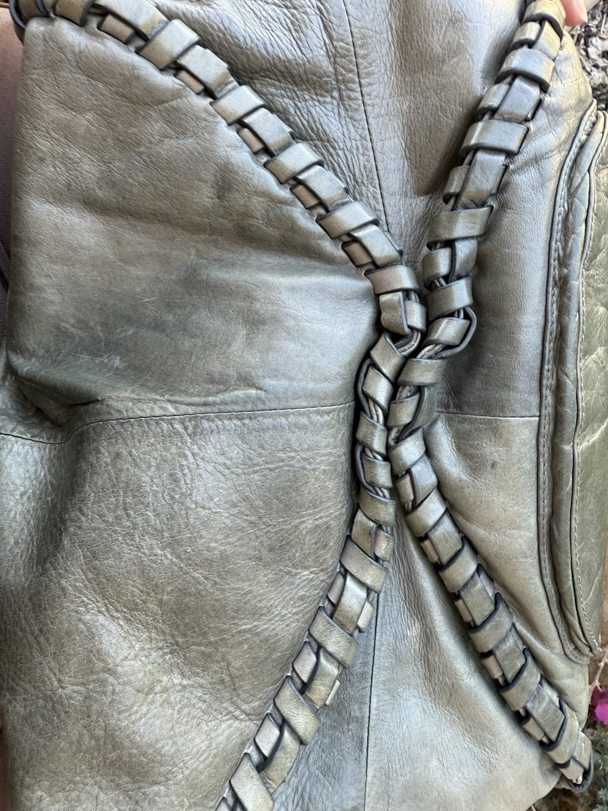 JOELLE HAWKENS GRAY LEATHER WOVEN & CORDED BOTTOM SHOULDER BAG PURSE