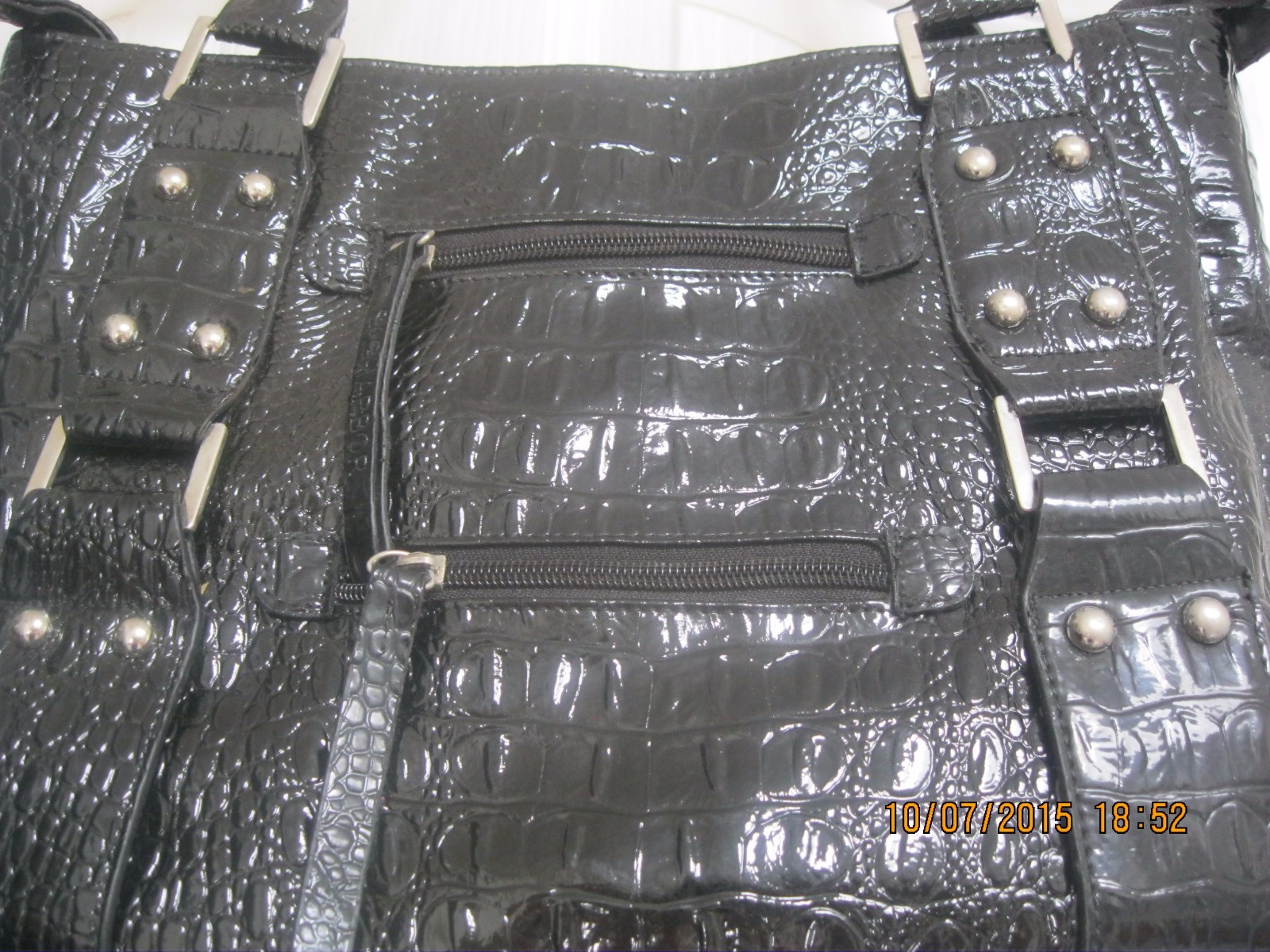Sag Harbor Black Faux Patent Leather Hand Purse Shoulder Bag Large 9 1/2-15 1/2