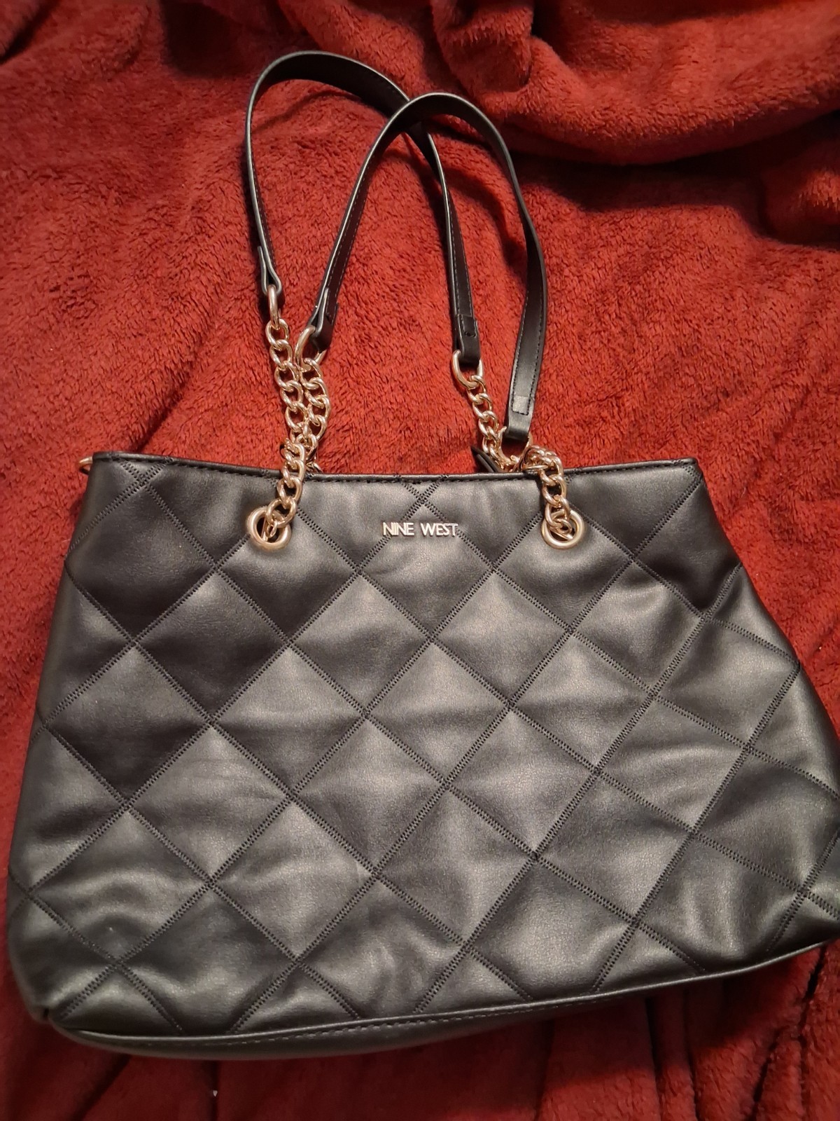 Nine West Black Quilted Shoulder Bag, Gold Chain Strap, Charm, Mag, Pockets
