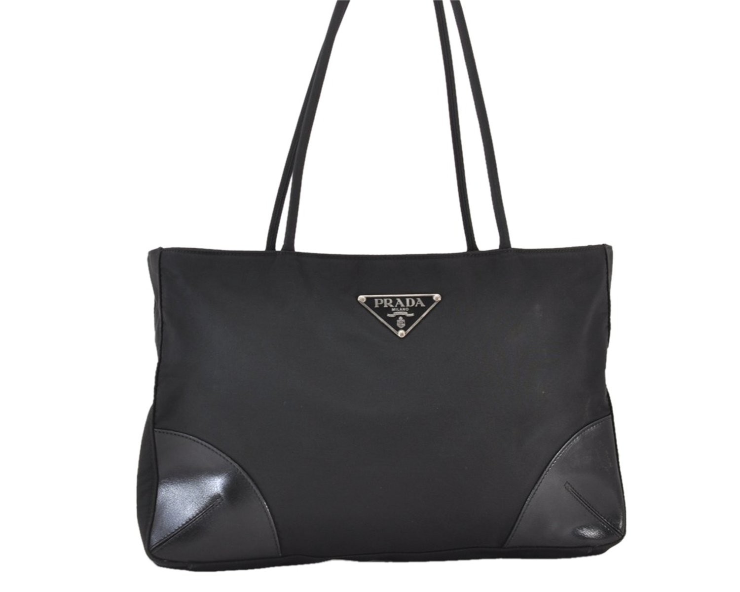 Authentic PRADA Vintage Nylon Leather Tote Hand Bag Black 496AB