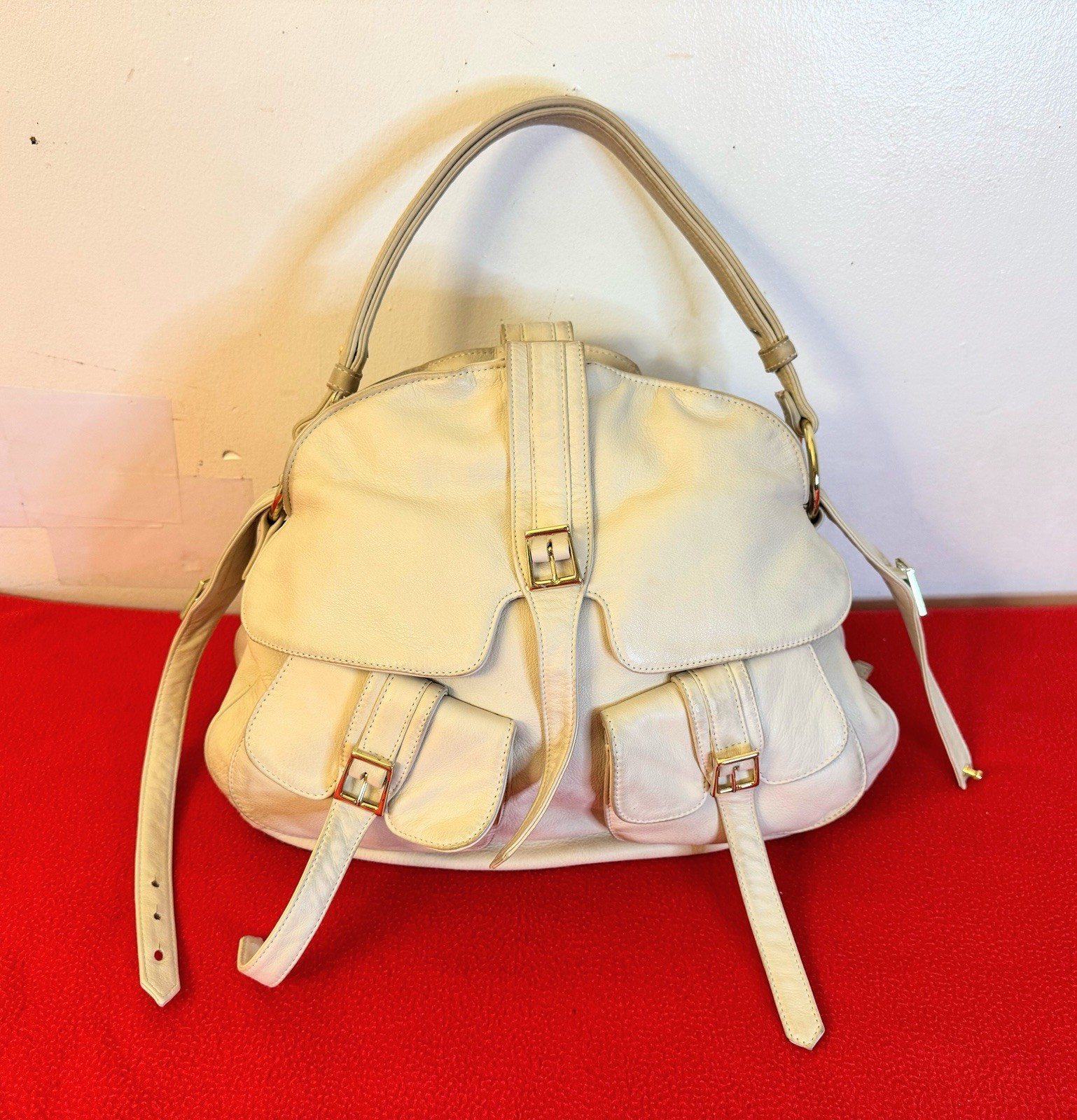 Bulga New York Helmet Double Sided Pockets Bag in Beige Soft Leather USA Made
