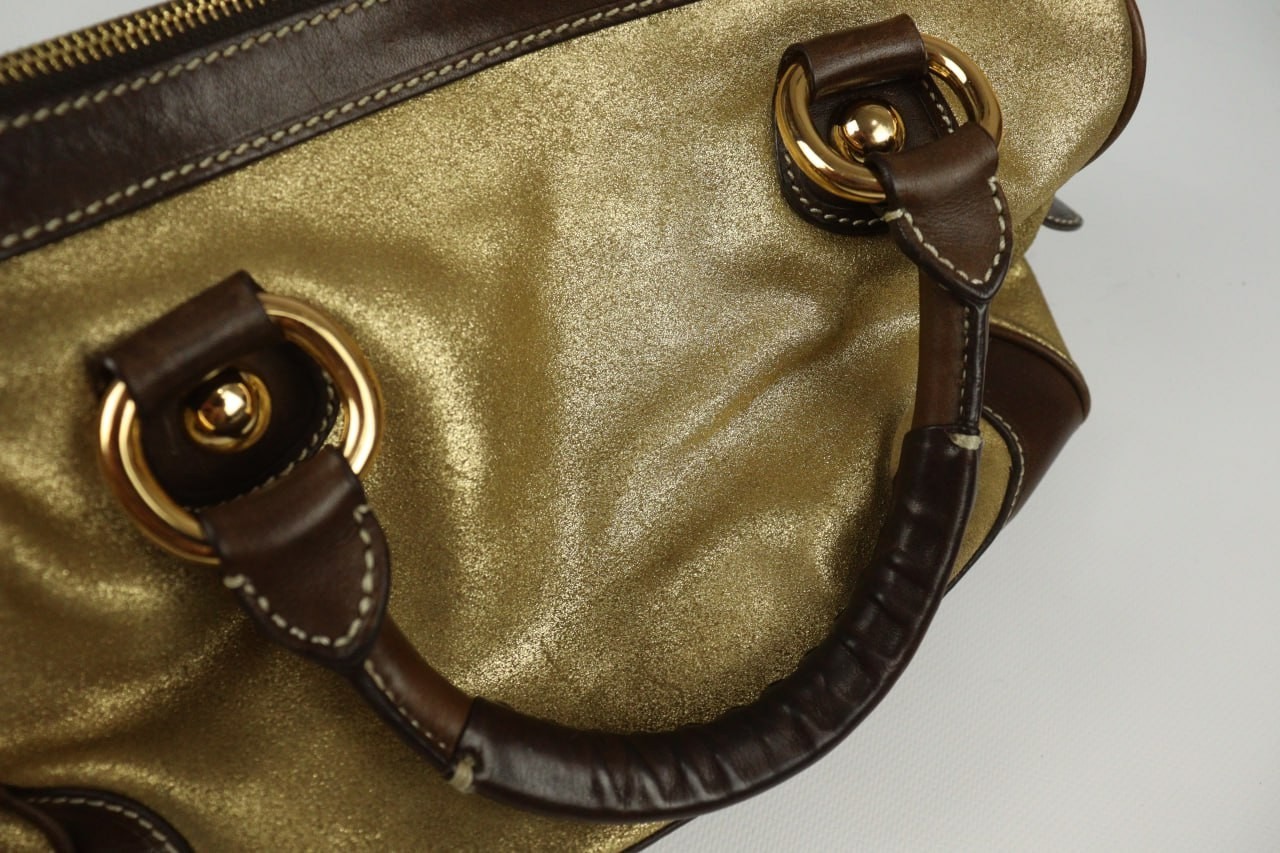 Celine Metallic Gold Brown Leather Dual Handle Zip Top Satchel Bag Blazon Charms
