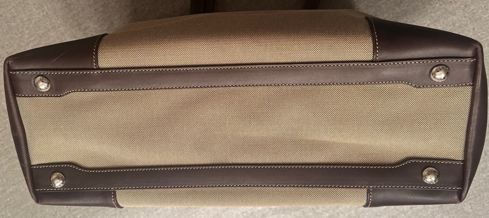 Prada Tote Bag Canvas Leather Beige Brown Silver Hardware Logo Shoulder Purse