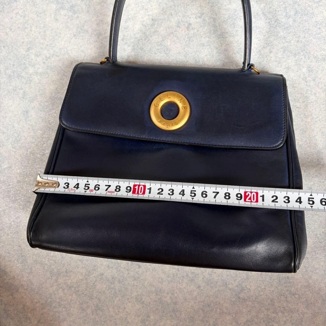 CELINE Navy Leather Top Handle Handbag Gold Circle Logo Y2K Self Standing 73