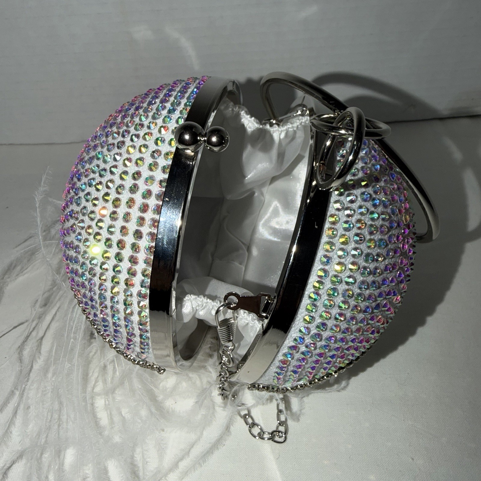 Rhinestone & Iridescent Stones with Faux Ostrich Feathers, 6 Inch Round Purse