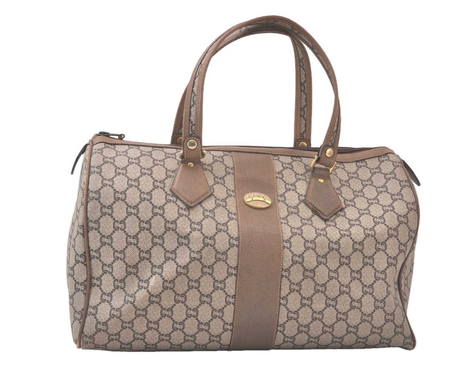 Authentic GUCCI Vintage GG Plus Hand Boston Bag PVC Leather Brown 486AA
