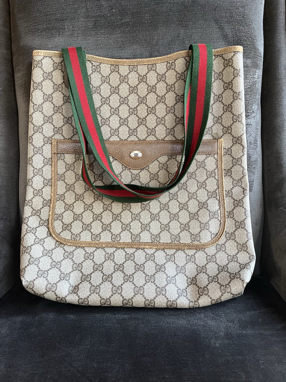 Vintage Gucci GG Monogram Web Stripe Tote Bag Shopper Beige Brown Large