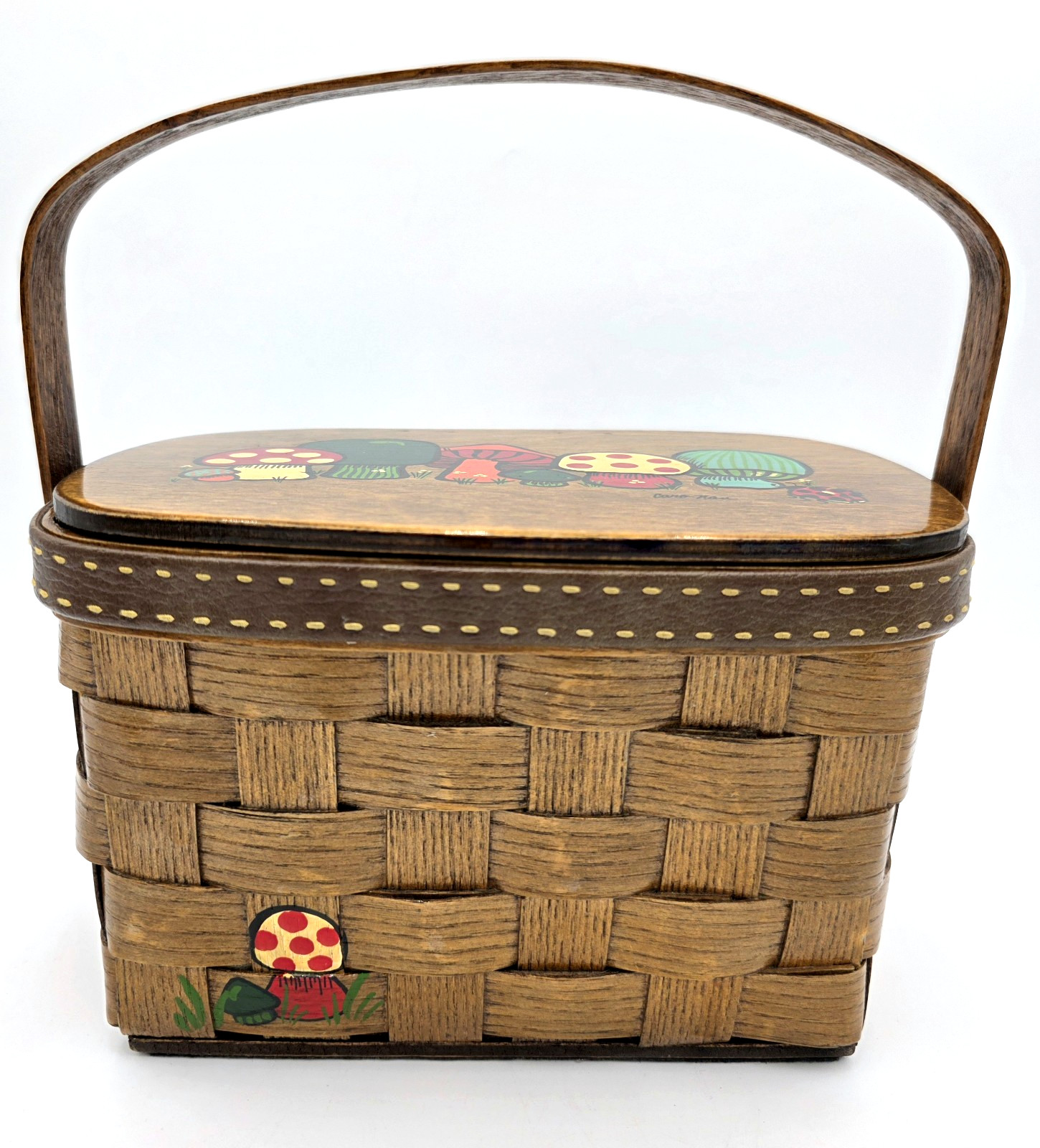 Basket Purse Caro Nan Hand Painted Mushroom Ladybug Wood VTG Stix Baer Signed