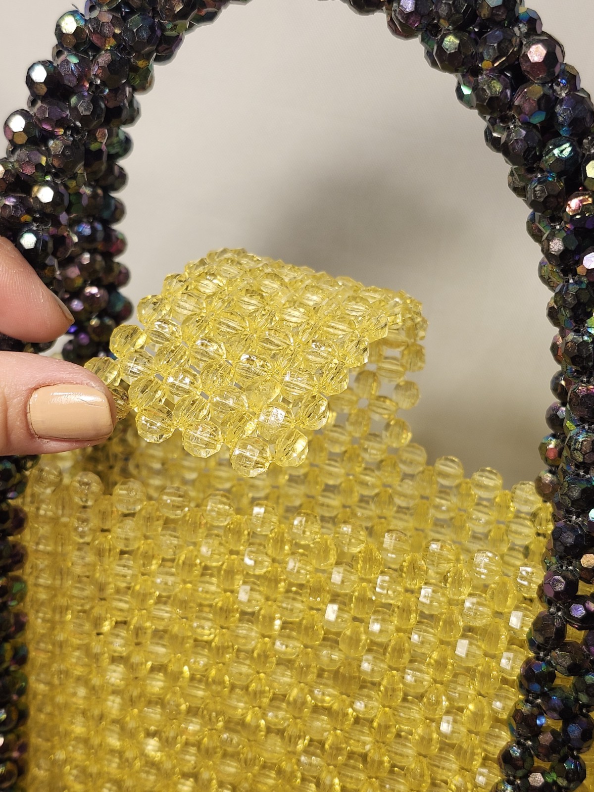 Homemade Yellow Beaded Bag With Black Beaded Handles