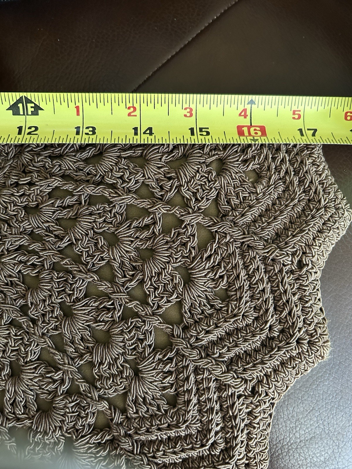 Brown Crochet Top Handle Bag Zip Closure Tortoise-Style Handle Gold Charm.