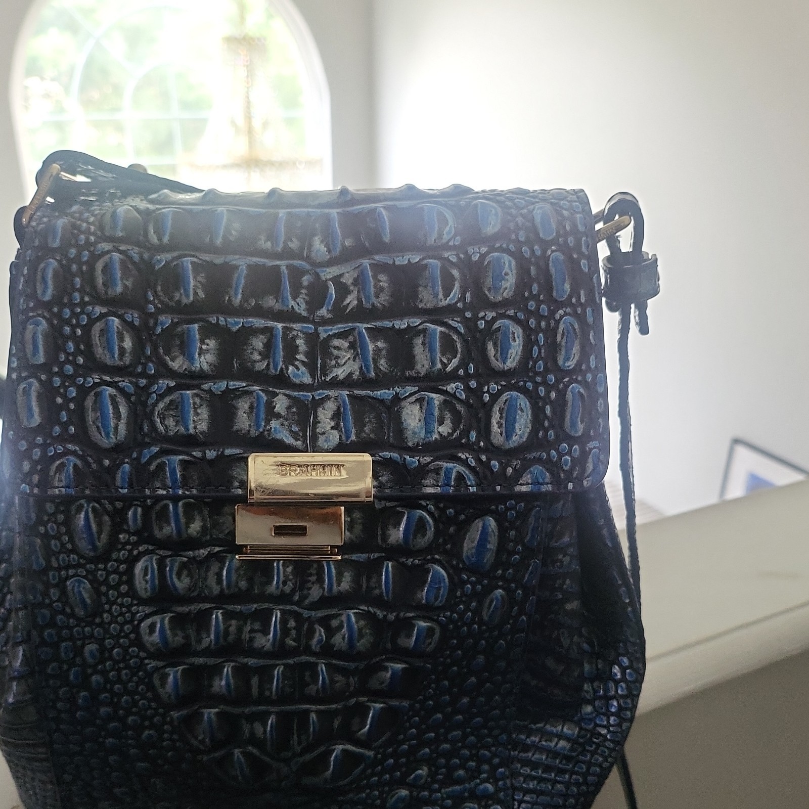Brahmin Blue/Black Croc Print Small Crossbody Gold Turn Lock w/ Dust Bag
