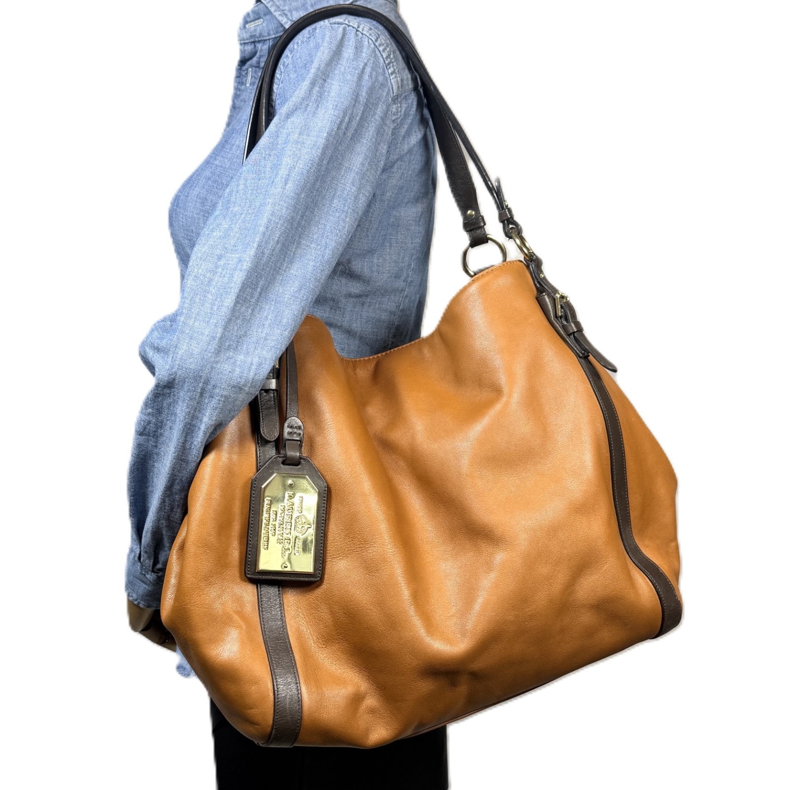 Lauren Ralph Lauren Oversized Leather Hobo Tote Cognac Brown Shoulder Bag