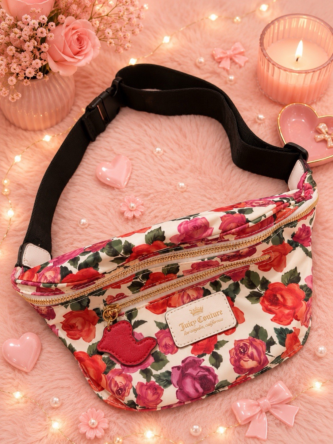 Juicy Couture Floral Belt Bag Fanny Pack Adjustable Strap Gold Zip Heart Charm