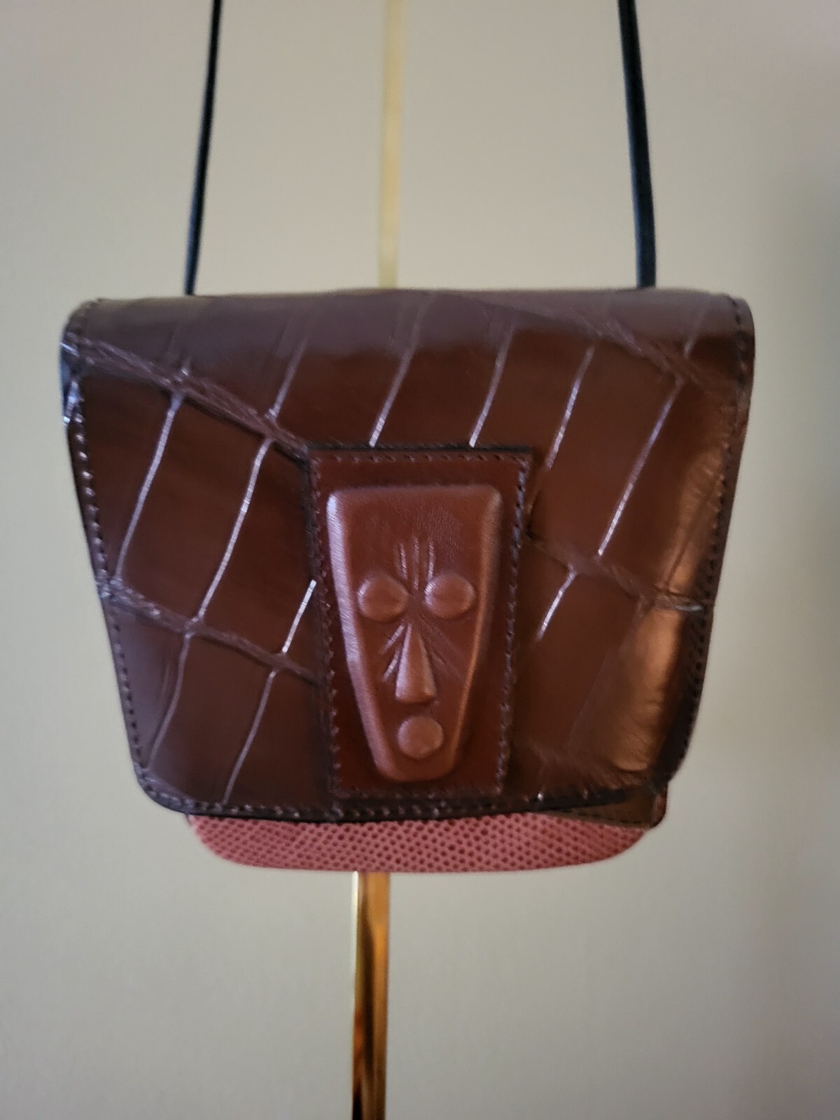 Signed ROMAG Small Ethnic Boho Crossbody Bag Purse Leather Tri Color Brown