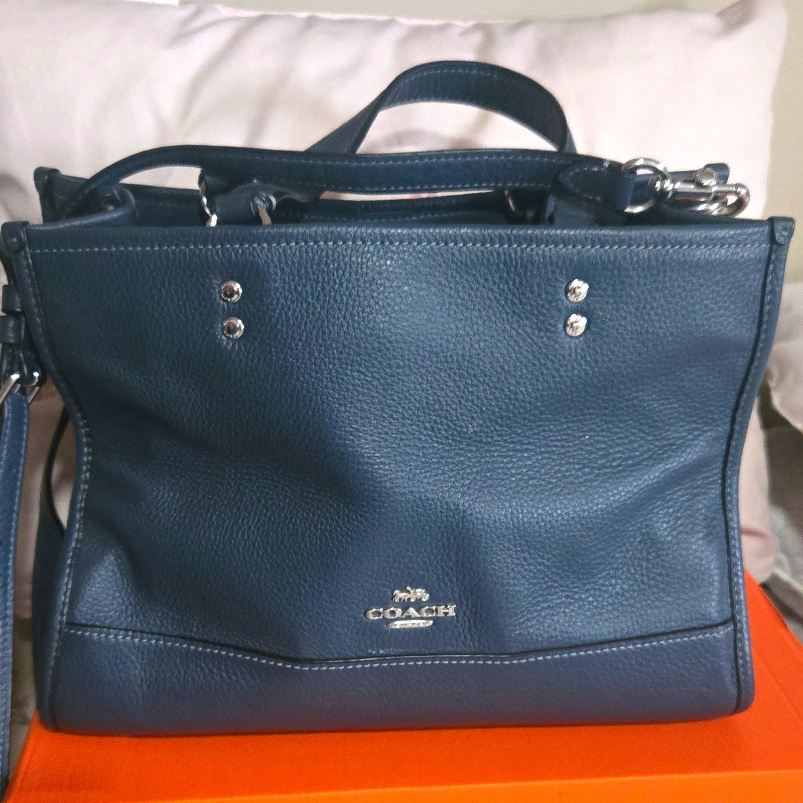 Coach Blue Pebbled Satchel Top Handle Bag Zip Closure, Detachable Strap