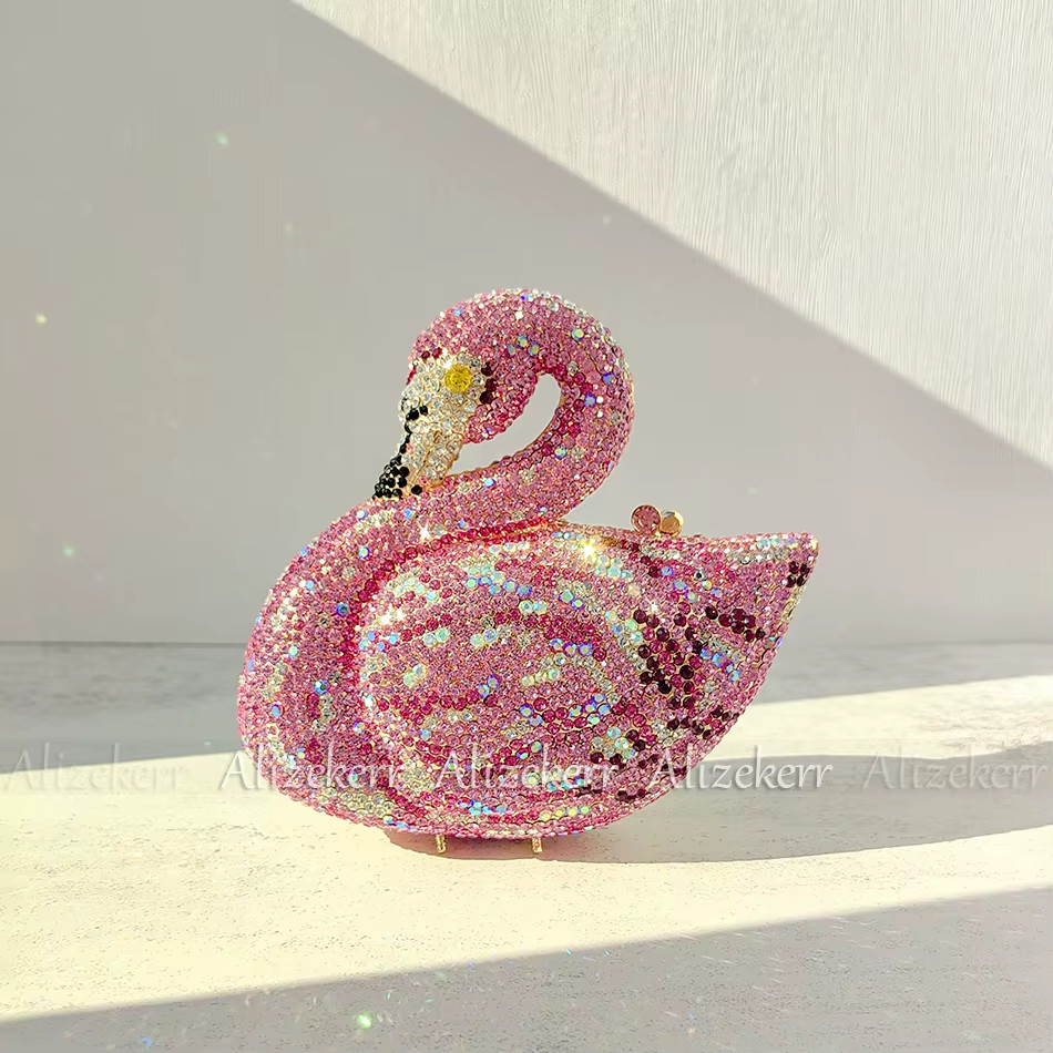 Swan Shaped Crystal Evening Bags Women Gorgeous Boutique Rhinestone Metallic Clu