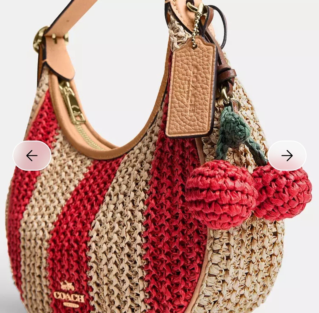 NWT Coach Emily Shoulder Bag Straw with Stripes Charm Gold Red Tan Leather CEN03