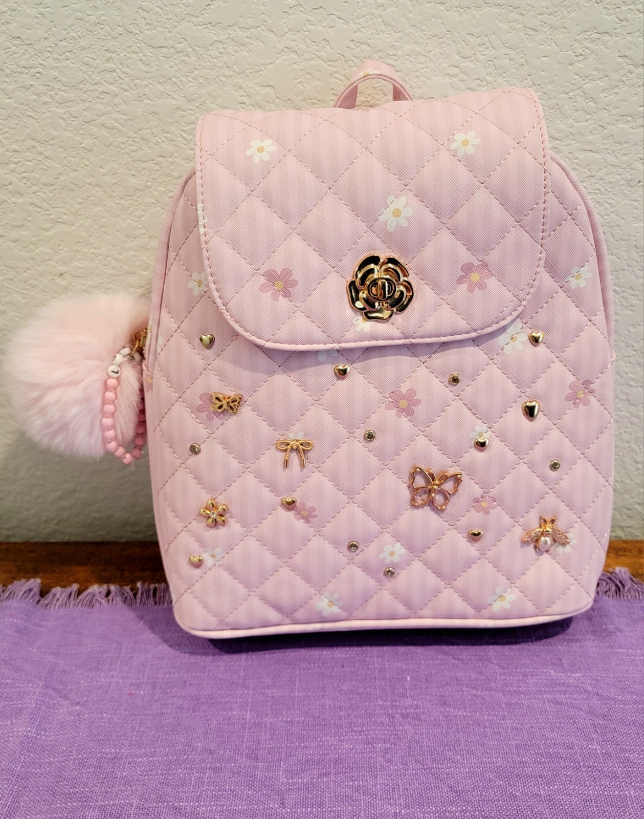 Under One Sky Pink Mini Backpack – Bows, Hearts, Butterfly, Pompom & Bracelet