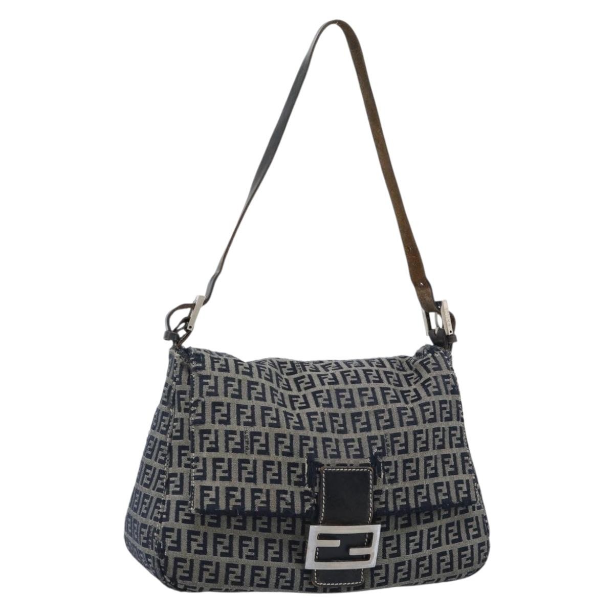 FENDI Zucchino Canvas Mamma Baguette Shoulder Bag Navy Silver Auth 185018