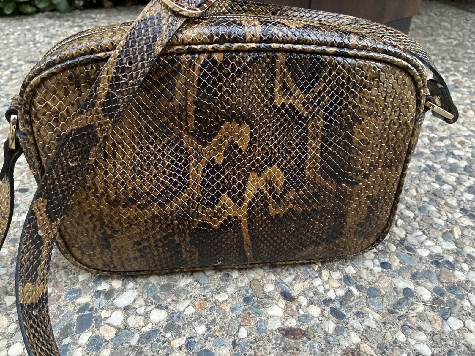 Longchamp Python Snake Print Leather Shoulder Bag Purse Crossbody Browns