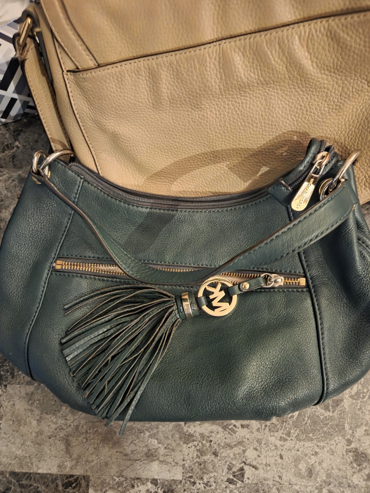 Michael Kors Green Medium Crescent Shoulder Bag Tassel Logo Zip Pockets Gold