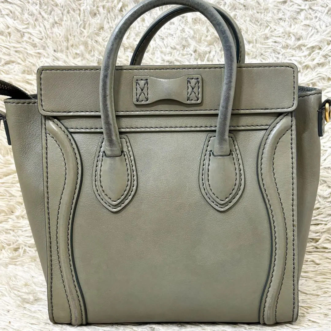 CELINE Nano Luggage Shopper 2Way Handbag Khaki Gray Leather Crossbody Phoebe