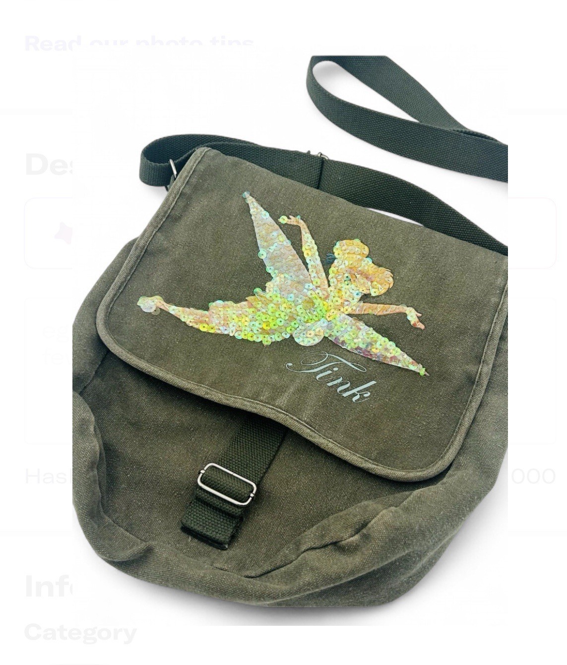 Disney World Tinker Bell Green Canvas Sequin Crossbody Messenger Bag Fairy