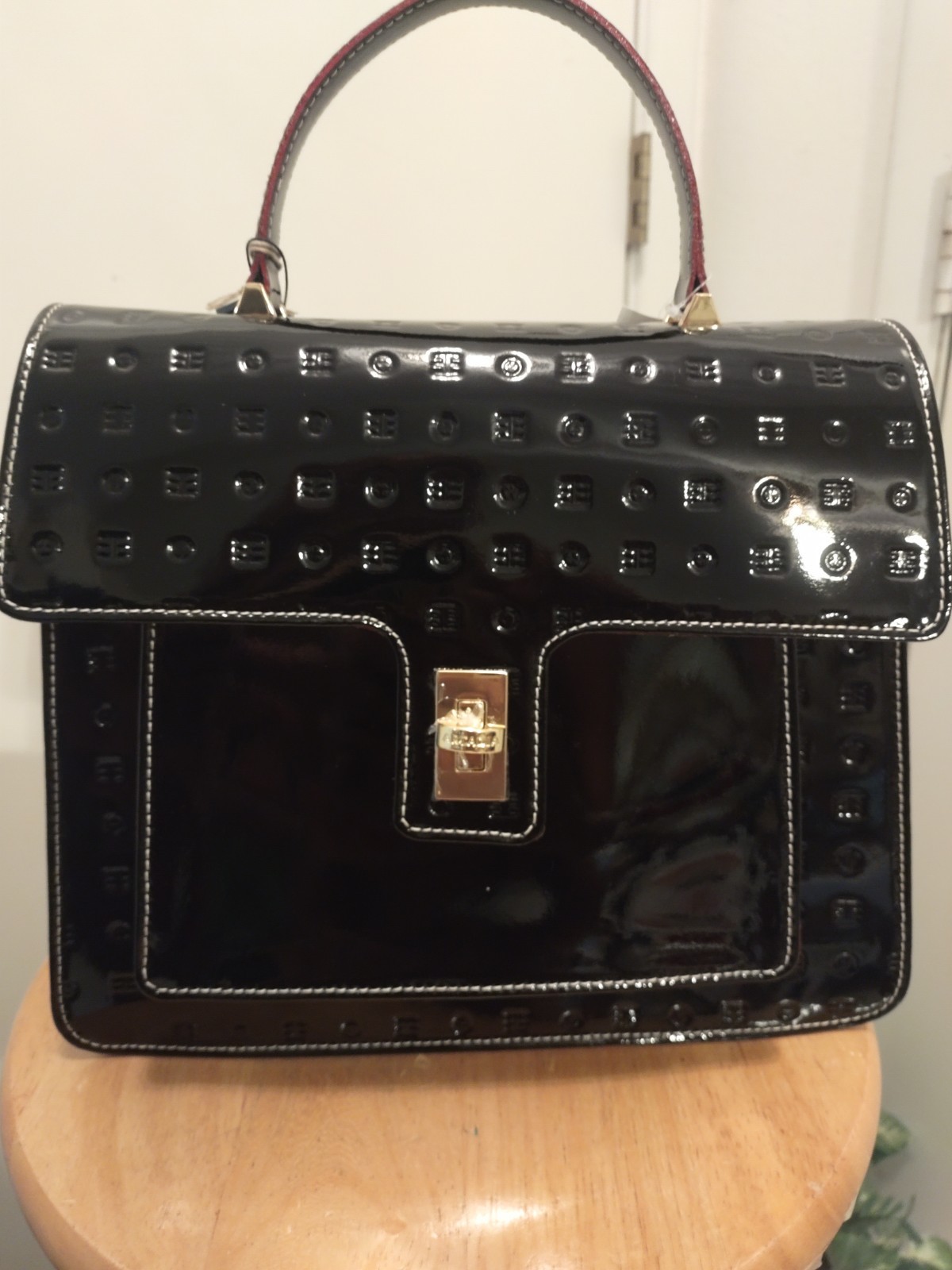 Arcadia Black Embossed Patent Leather Handbag With Adjustable/Detachable Strap