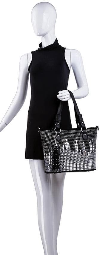 Rhinestone City Skyline Tote Bag Women Large Sparkly Crossbody Purse Denim
