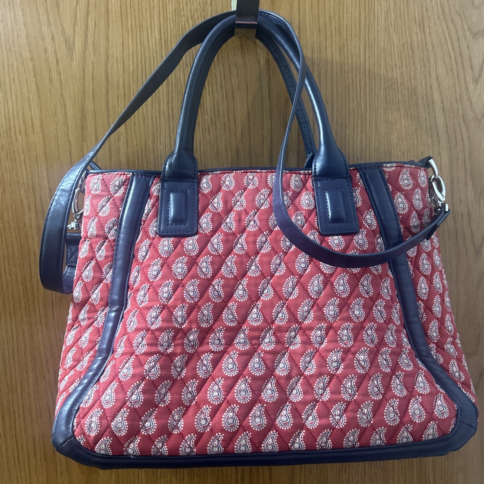 Vera Bradley Trapeze Tote in Petite Red Bandana Paisley Navy Blue Purse