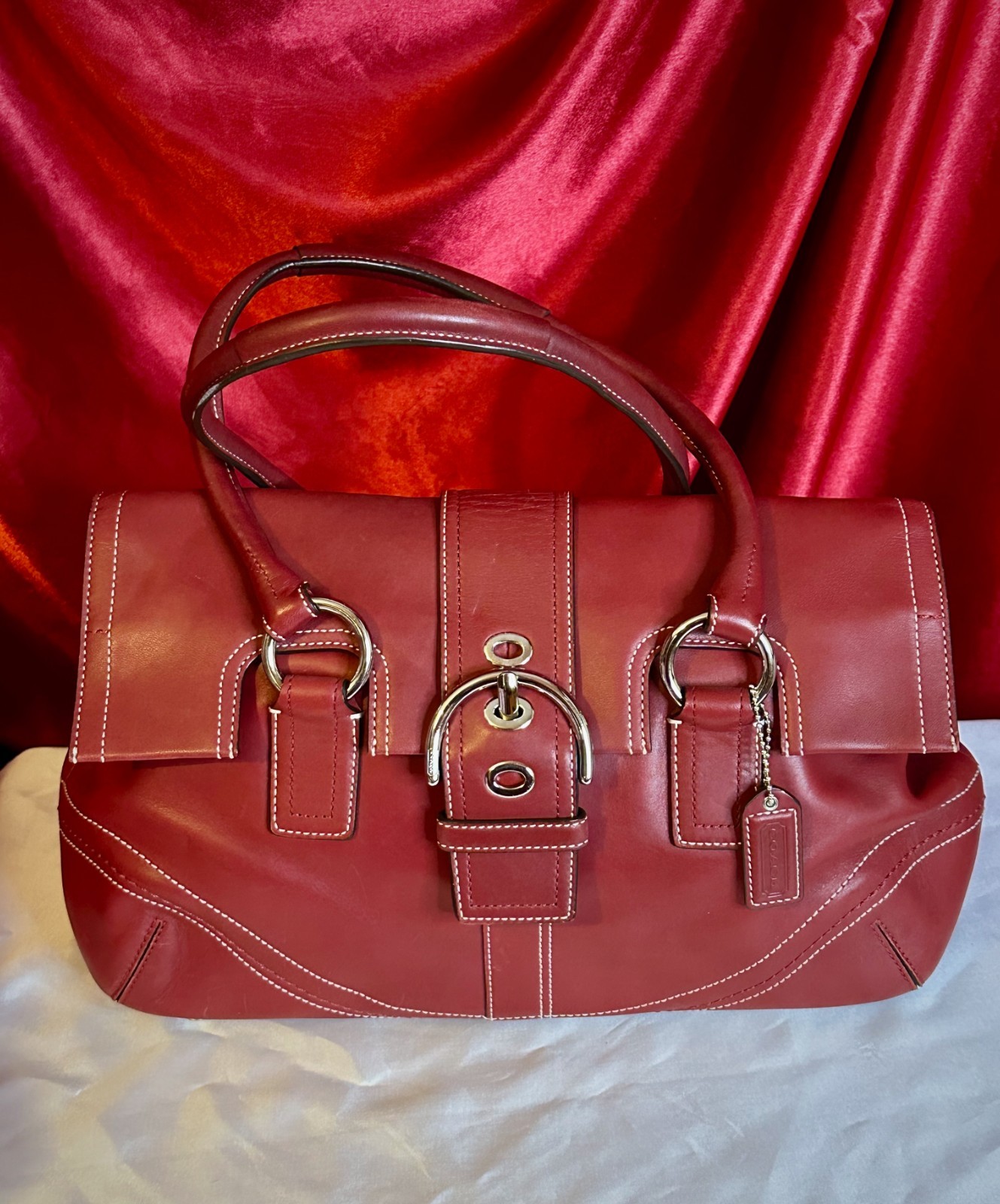 Coach Soho Hamptons Flap Cherry Red Leather Satchel Shoulder Purse Silver Buckle