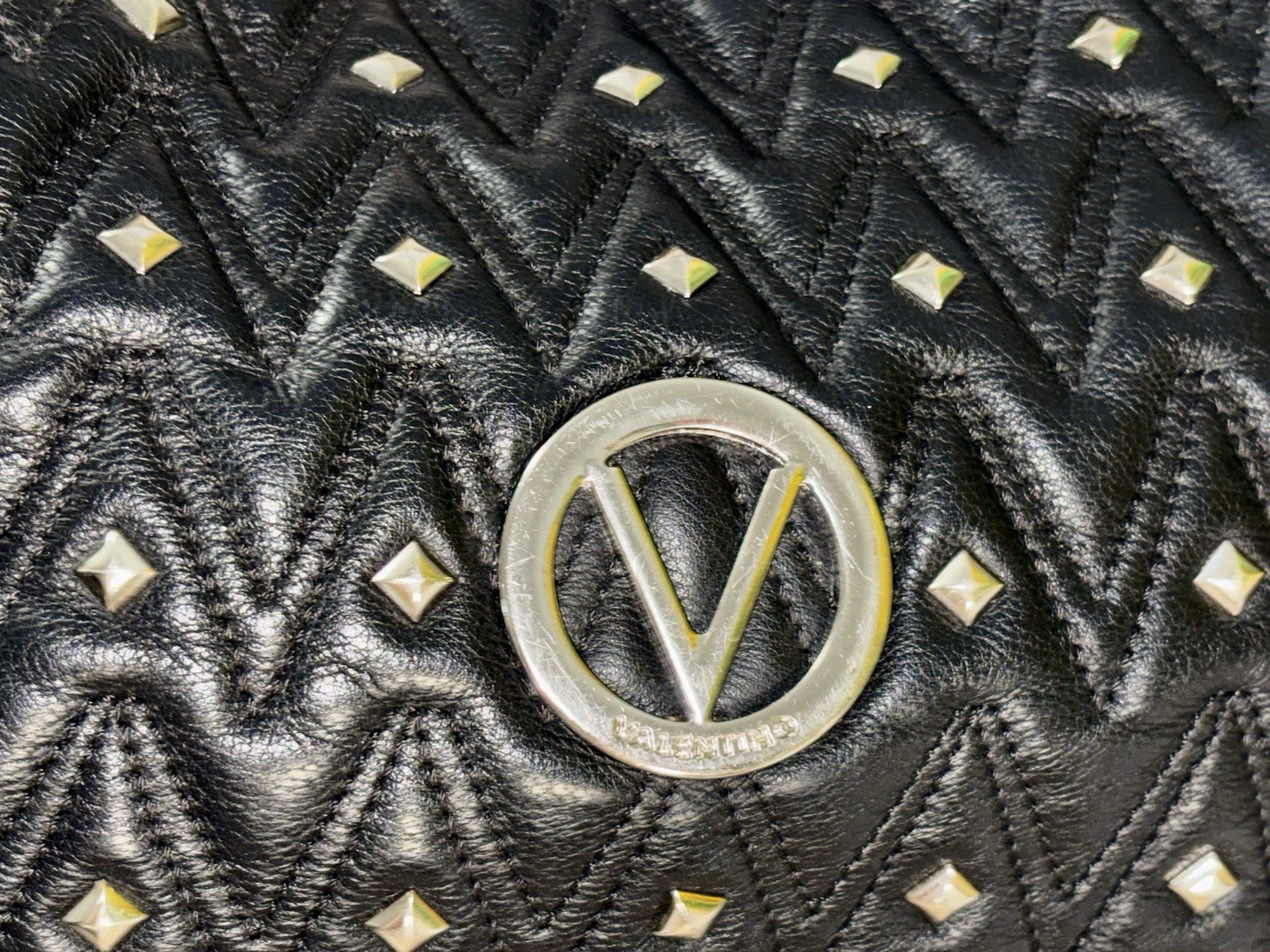 Valentino Black Leather Studded V Logo Chain Shoulder Tote Bag Italy