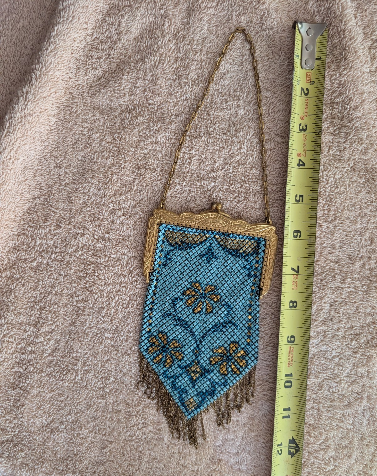 Mandalay Small Floral Shoulder Bag Blue/Gold Fringe Kiss Lock Flapper Purse