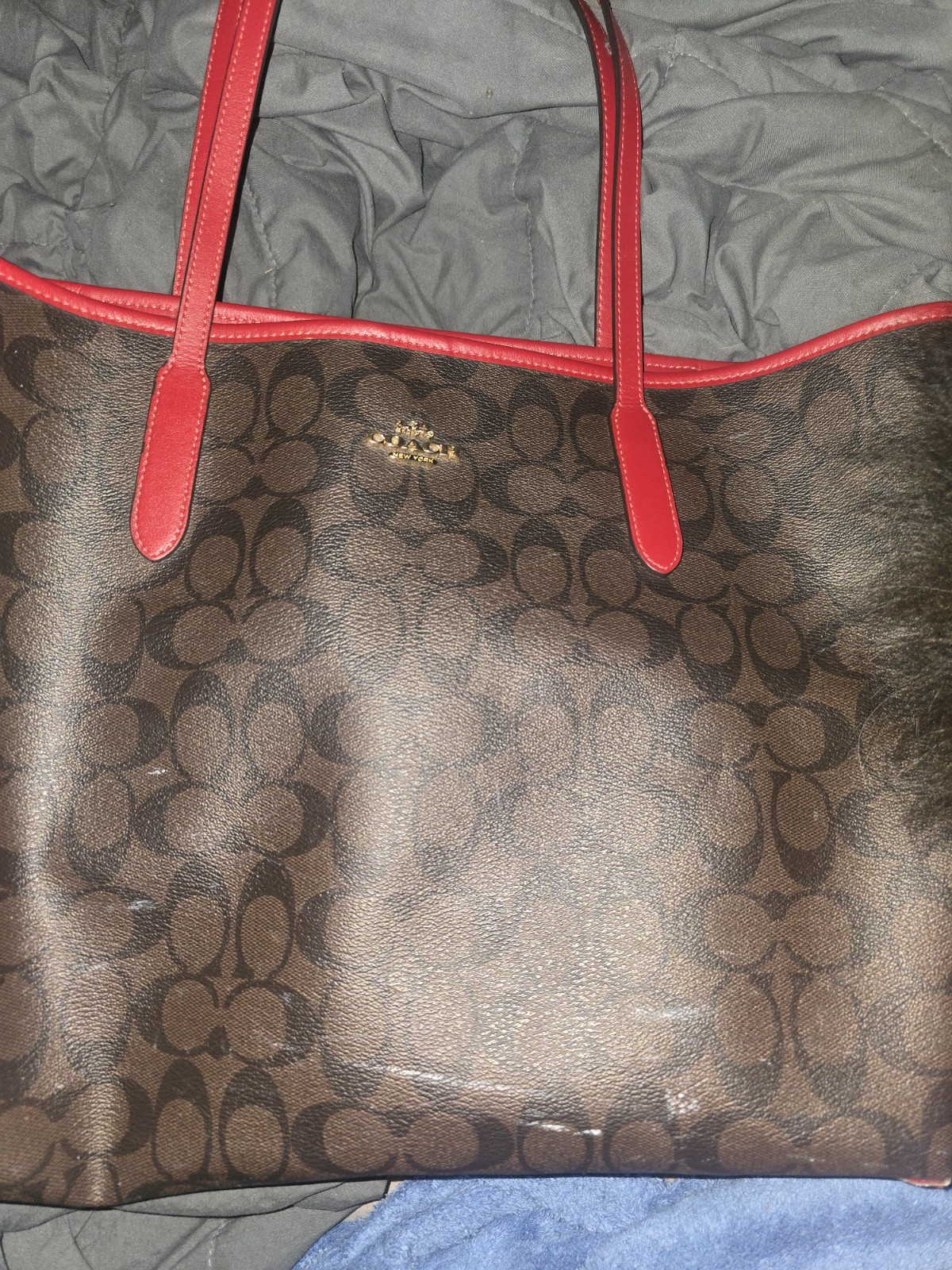 Coach Signature Logo Large Tote Brown/Red Leather Handles Zip Detachable Strap