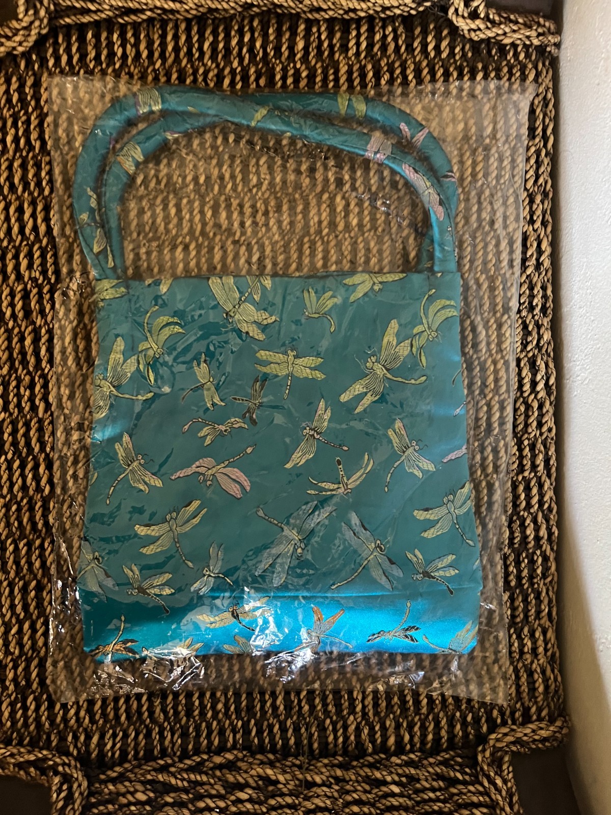 Vintage Asian Silk Brocade Fabric Bag Blue with gold fabric Dragonflies – handle