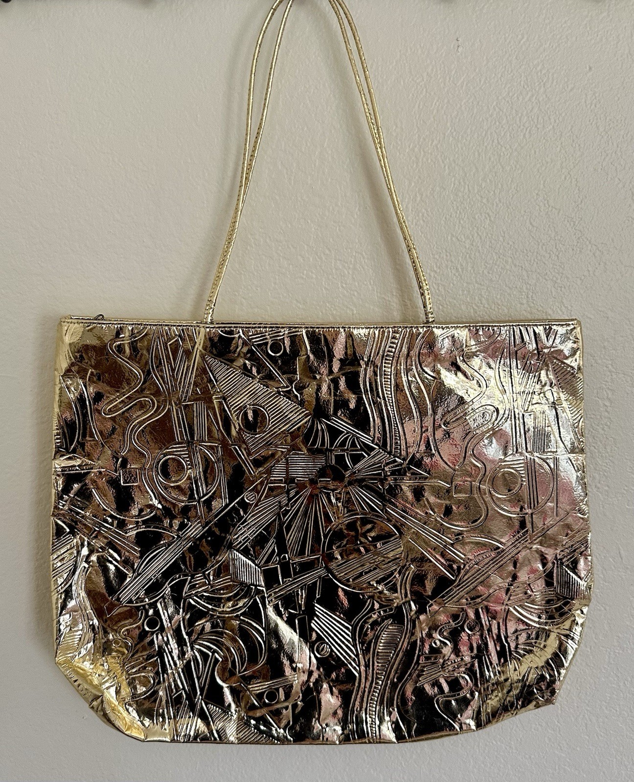 Vintage Metallic Gold Embossed Geometric Tote Bag Purse Art Deco Memphis Style
