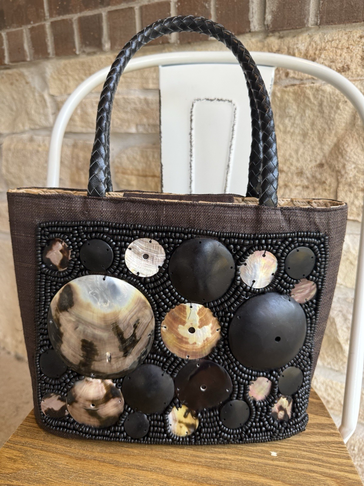 Italy Woven Abalone Handbag Chocolate Brown Wood Bead Rectangular Leather Handle