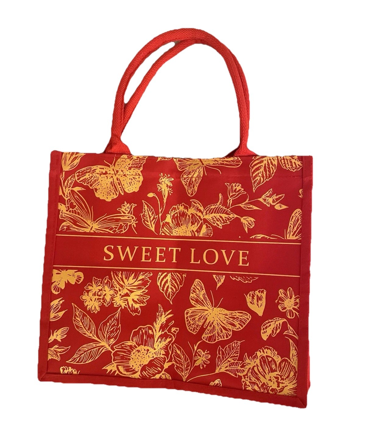Red Gold Floral Butterfly Top Handle Canvas Book Tote Bag Whimsy Sweet Love Art