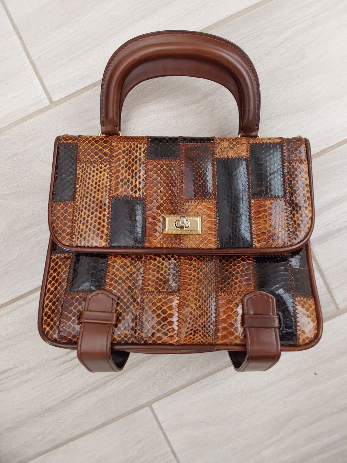 Tano of Madrid Vintage Multi Brown Lizard Double Handle Small Satchel. Size 7×8