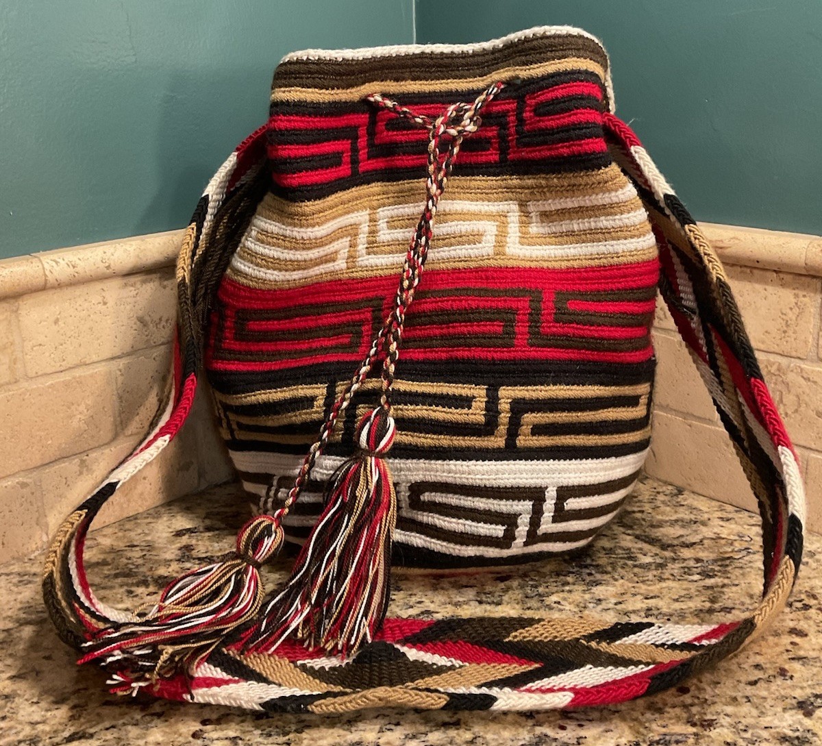Handmade Red Black Tan White Wayuu Mochila LARGE Bag Fair Trade Crossbody Purse