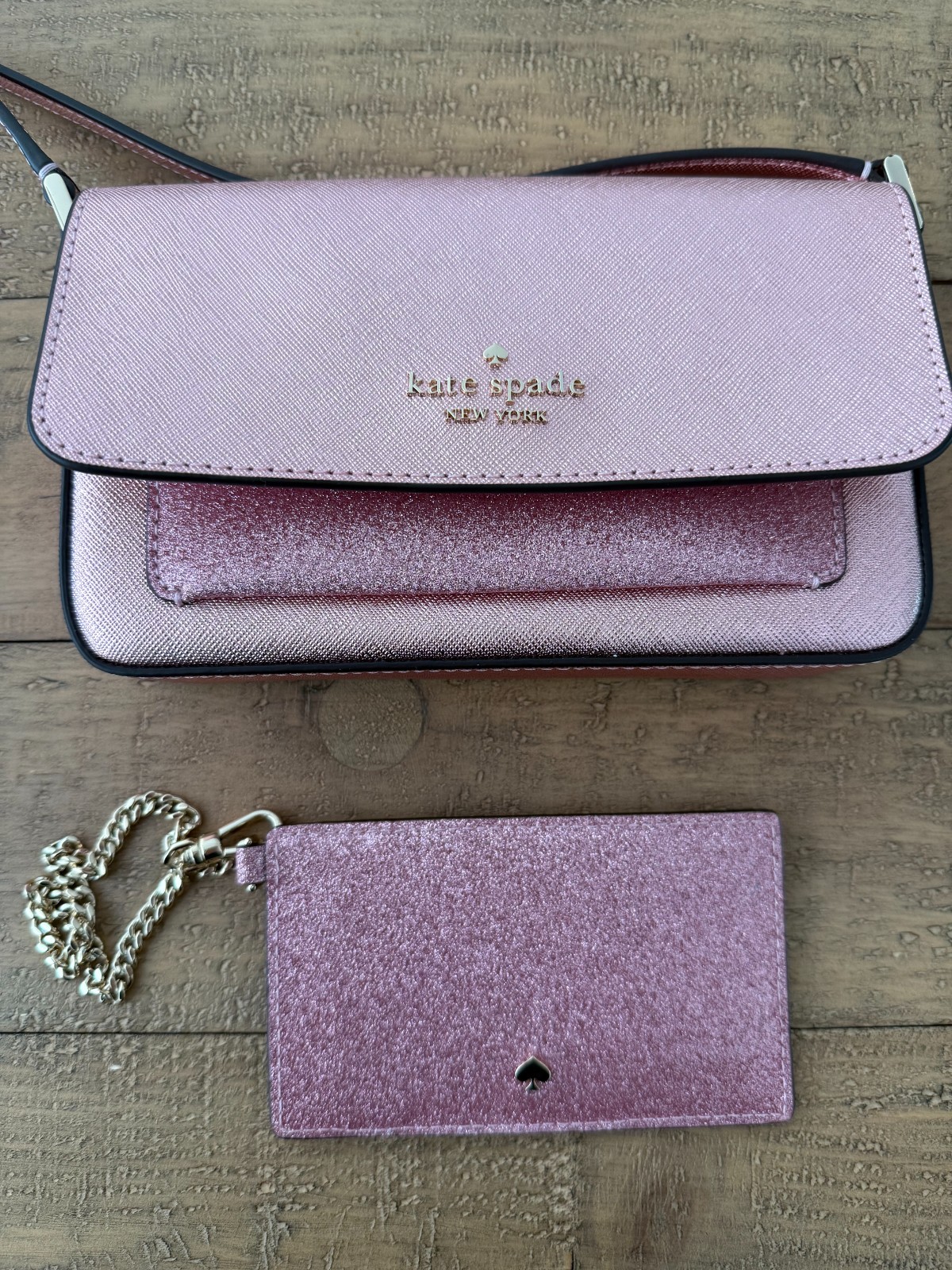 KATE SPADE CROSSBODY PURSE & CARD HOLDER PINK GLIMMER GLITTER DUO NEW!