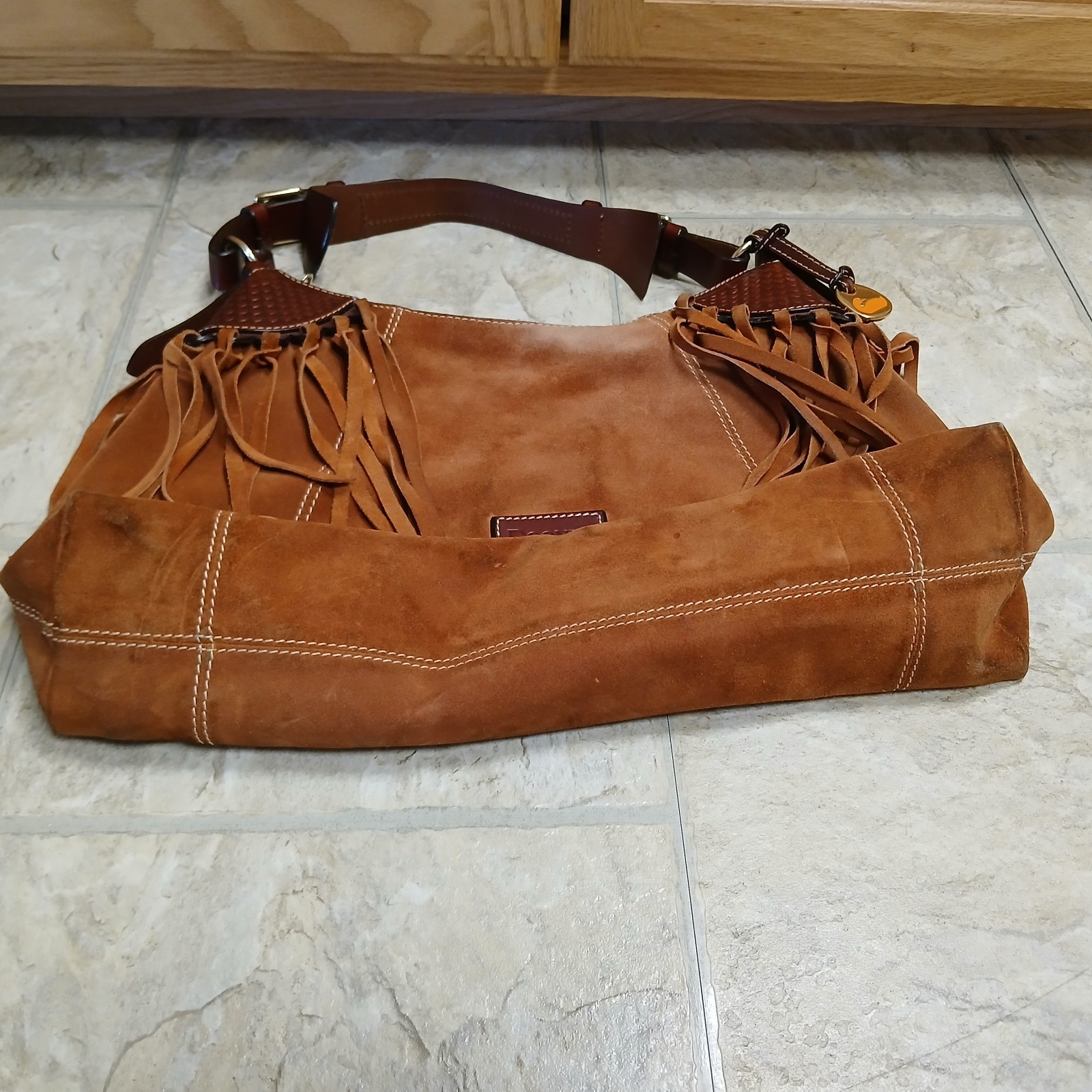 Dooney & Bourke Suede Fringe Hobo Bag Brown Heart Leather Duck Charm Y2K