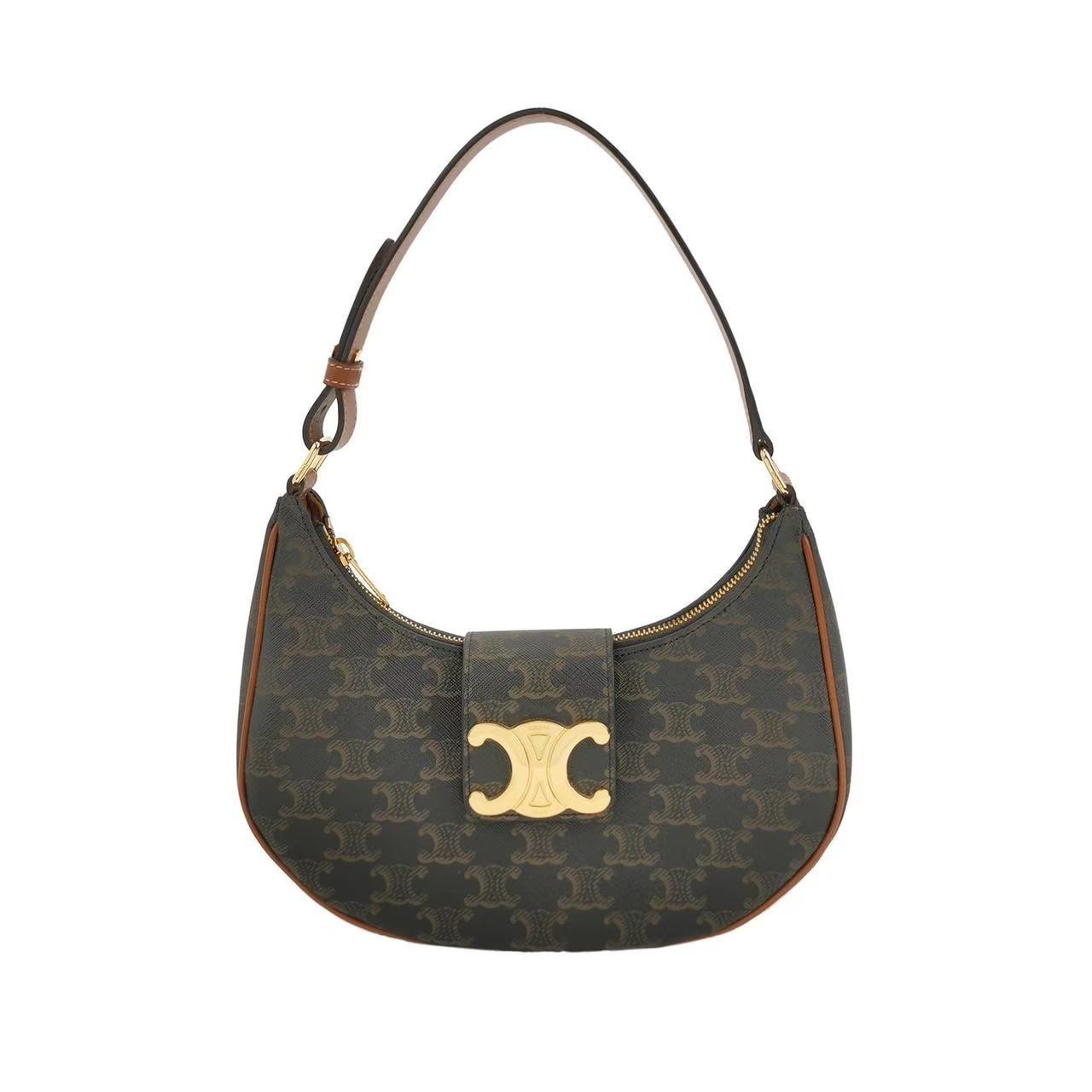 Celine Ava Triomphe Canvas Shoulder Bag Brown Monogram Underarm Hobo 24cm