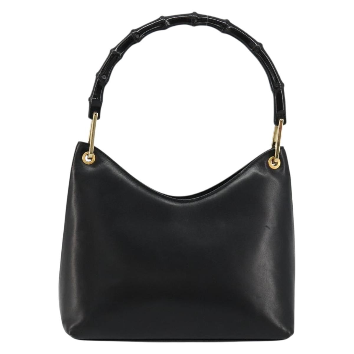 GUCCI Bamboo Shoulder Bag Leather Black Gold 001 3008 Auth 182382